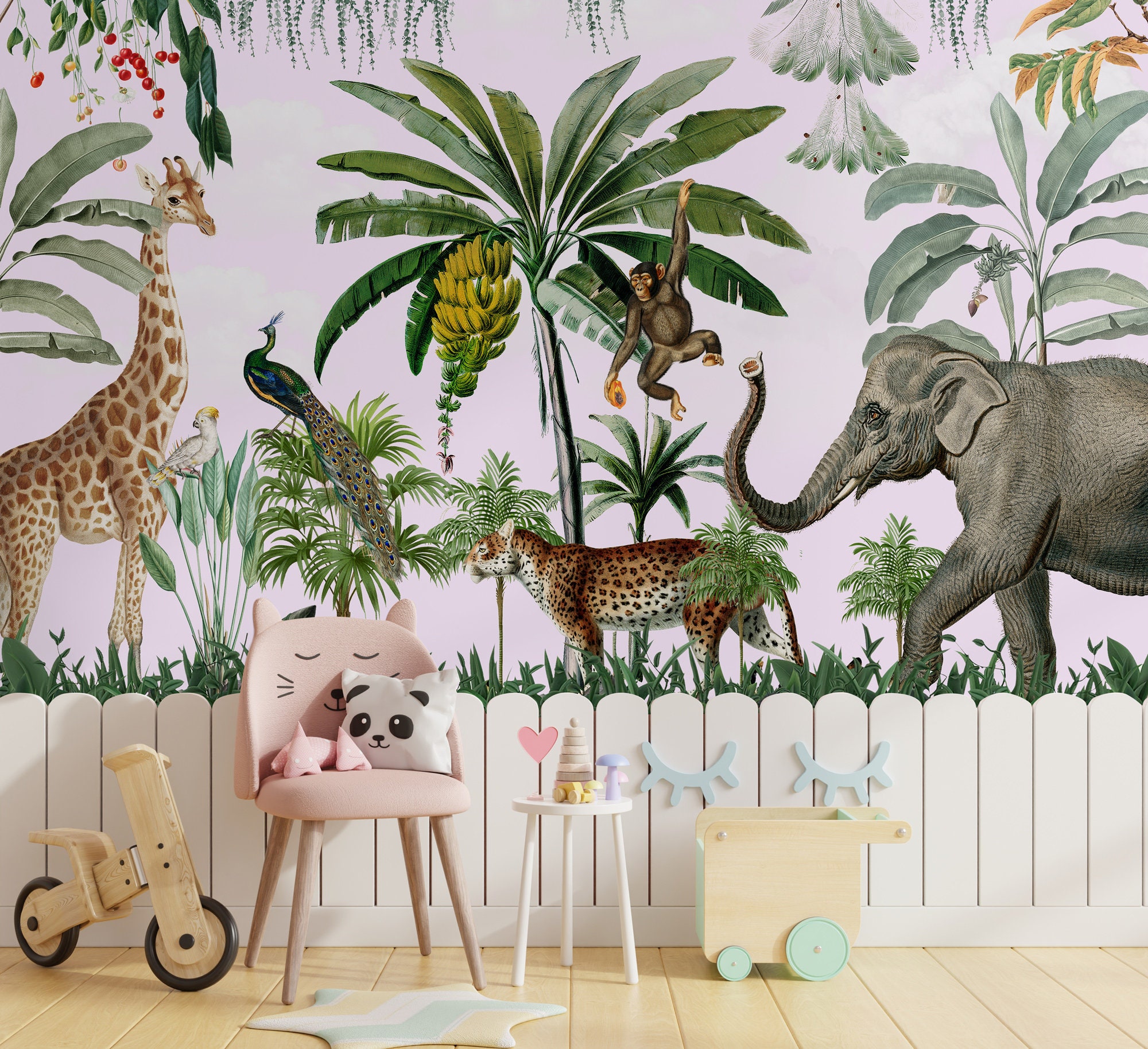 Kids Wallpaper | Vintage Safari Animals Wall Mural | Removable Peel and ...