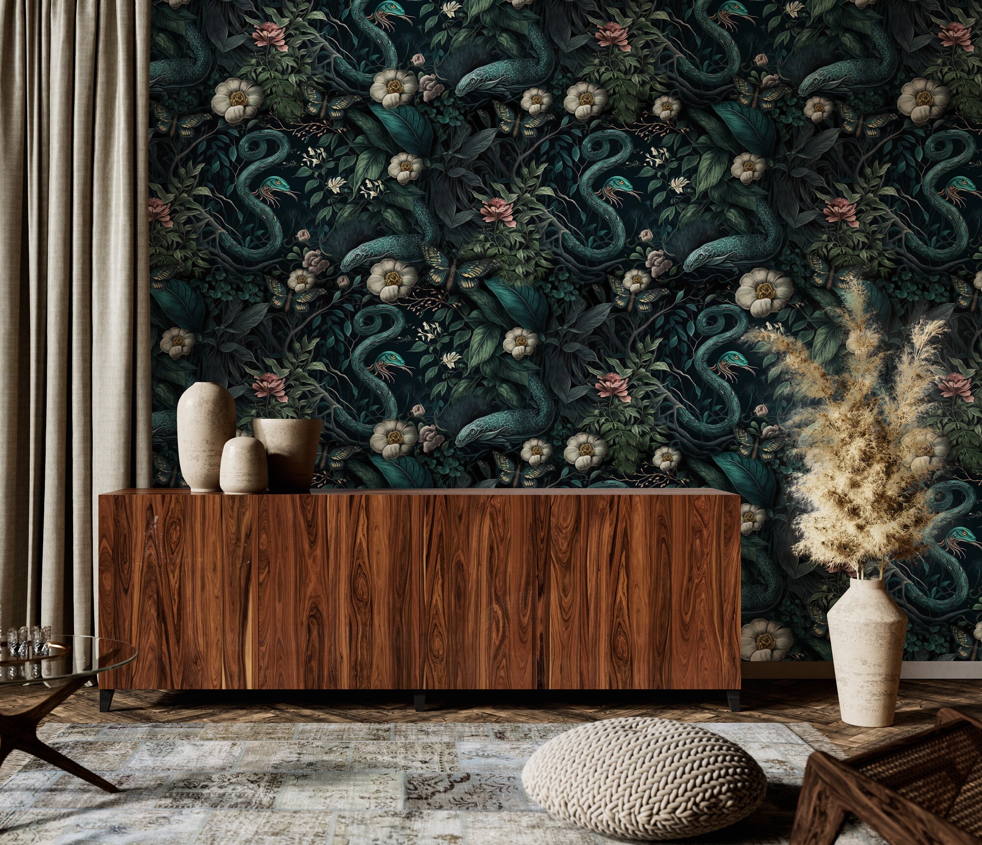 Dark Botanical Wallpaper: Secret Garden With Snakes, Peel and Stick
