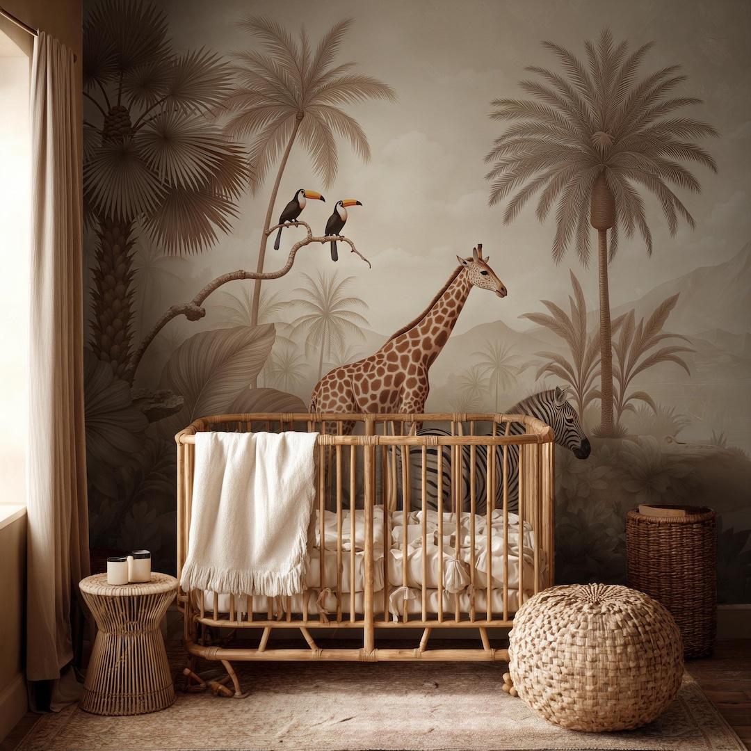 Safari Nursery Wallpaper, Neutral Jungle Wall Mural, Giraffe Zebra Baby ...