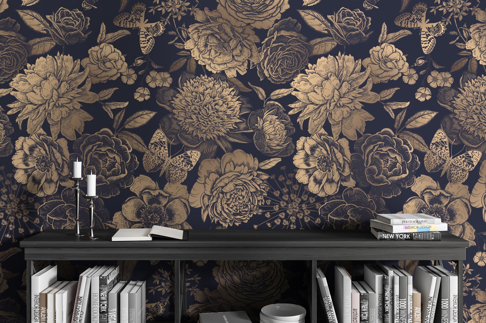 Dark Floral Wallpaper Peel and Stick Gold Look Floral Wall - Etsy