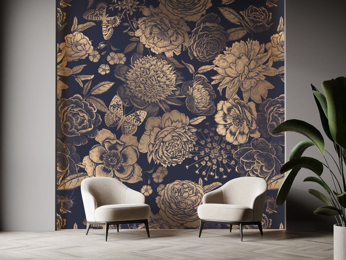 Dark Floral Wallpaper Peel and Stick Gold Look Floral Wall - Etsy