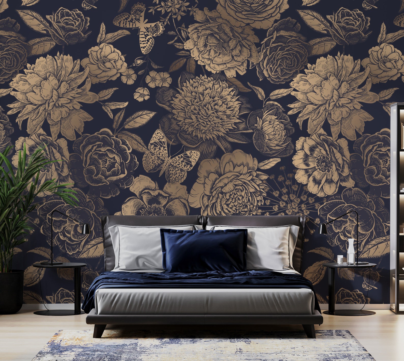 Dark Floral Wallpaper Peel and Stick Gold Look Floral Wall - Etsy