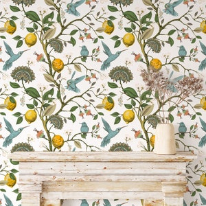 Botanical Wallpaper | Hummingbird with Lemon Wall Mural | Removable Wallpaper | Botanic Floral Wallpaper Peel and Stick