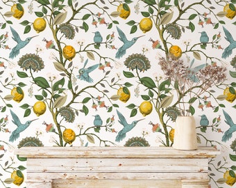 Botanical Wallpaper | Hummingbird with Lemon Wall Mural | Removable Wallpaper | Botanic Floral Wallpaper Peel and Stick