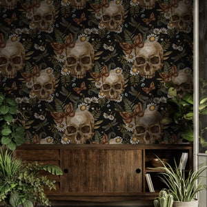 Dark Botanical with Skull Wallpaper | Peel and Stick | Botanical Wall Mural