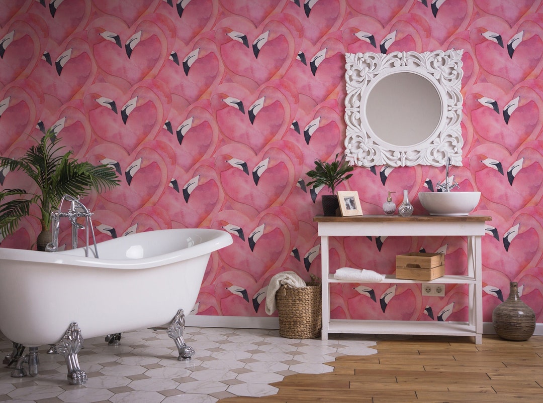 Bathroom Wallpaper Peel and Stick, Flamingo Wall Mural, Art Wallpaper