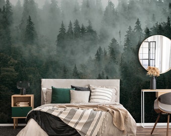 Green Forest Wallpaper: Foggy Tree Wall Mural, Peel and Stick