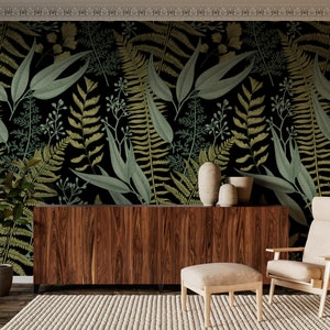 Fern Botanical Wallpaper Peel and Stick, Dark Green Wallpaper, Living Room Decor image 5