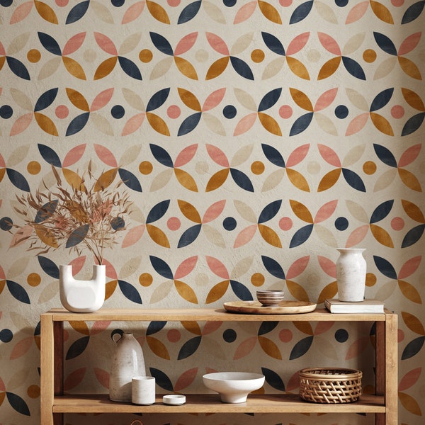 Vintage Geometric Wallpaper Peel and Stick, Scandinavian Wall Mural, Abstract Art Wallpaper