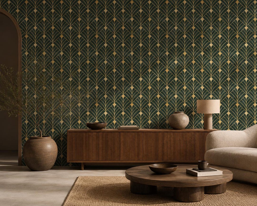 Vintage Art Deco Peel and Stick Wallpaper | Geometric Green & Gold ...