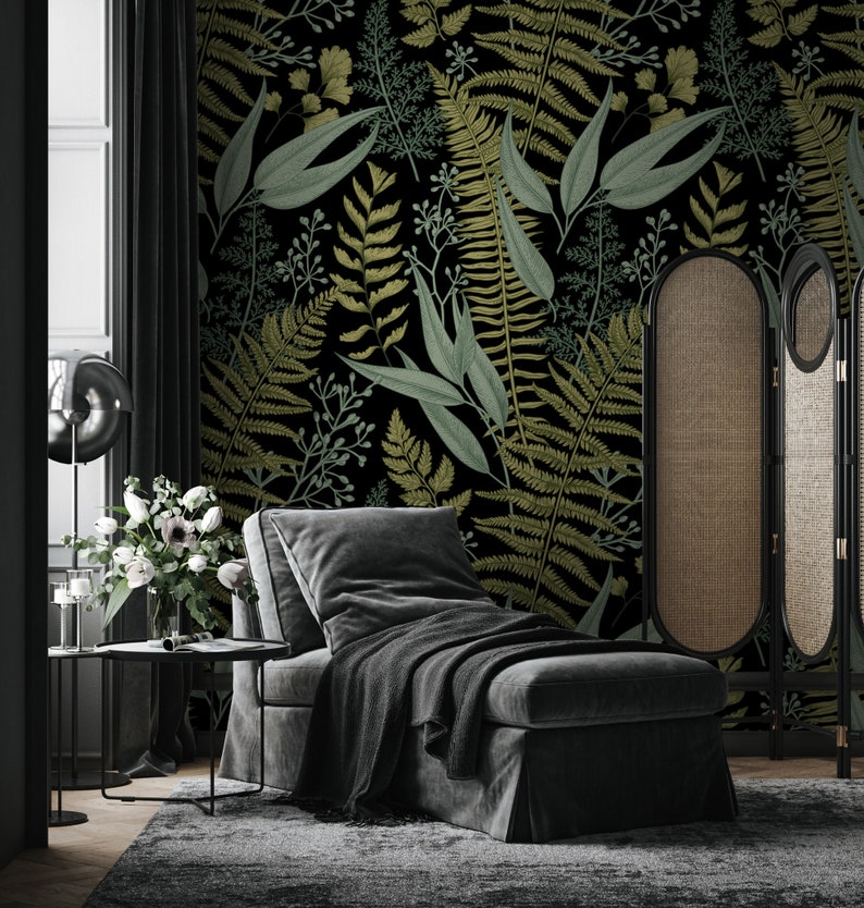 Fern Botanical Wallpaper Peel and Stick, Dark Green Wallpaper, Living Room Decor image 6