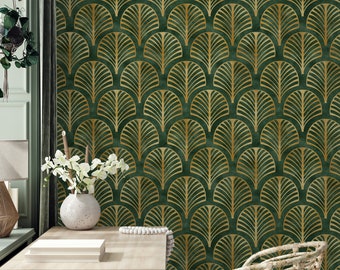 Green & Gold Art Deco Peel and Stick Wallpaper | Vintage Geometric Wall Mural | Removable Wallpaper