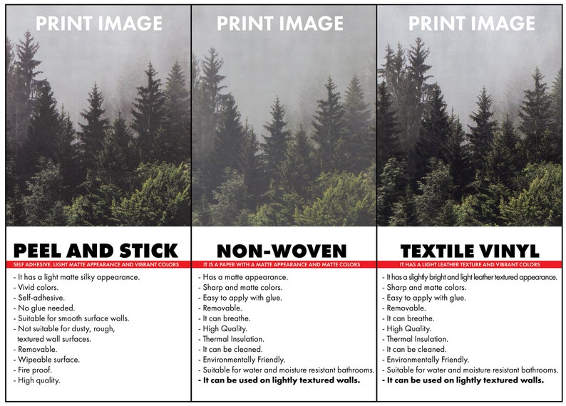 May include: Image showcasing three types of wall coverings: Peel and Stick, Non-Woven, and Textile Vinyl. Each features a forest scene and descriptive text. The Peel and Stick option is self-adhesive with a light matte appearance.