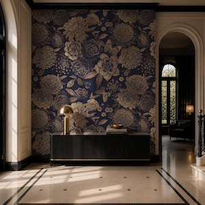 Navy Gold Floral Wallpaper | Luxury Dark Flowers Wall Mural | Removable Wallpaper image 5