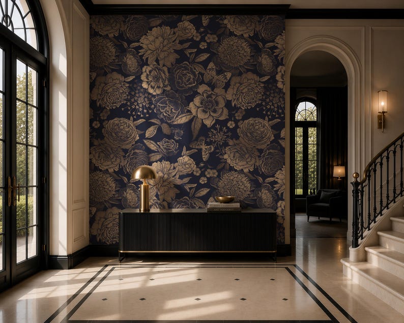 Navy Gold Floral Wallpaper | Luxury Dark Flowers Wall Mural | Removable Wallpaper image 5