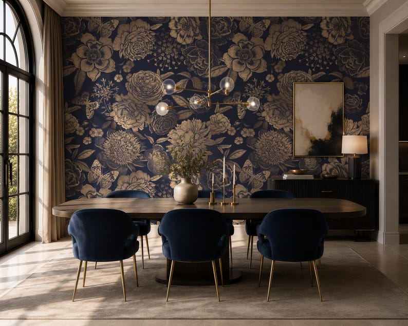 May include: A dining room featuring a dark blue wallpaper with a gold floral and butterfly pattern. The room includes a long wooden table, six navy blue velvet chairs with gold legs, a modern gold chandelier, and a black sideboard with a lamp.