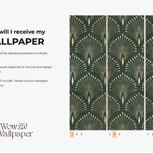 May include: Wallpaper panels with a repeating art deco fan design in gold on a dark green background. The text "How will I receive my WALLPAPER" is at the top, with details about the packaging. The Wowza Wallpaper logo is at the bottom.