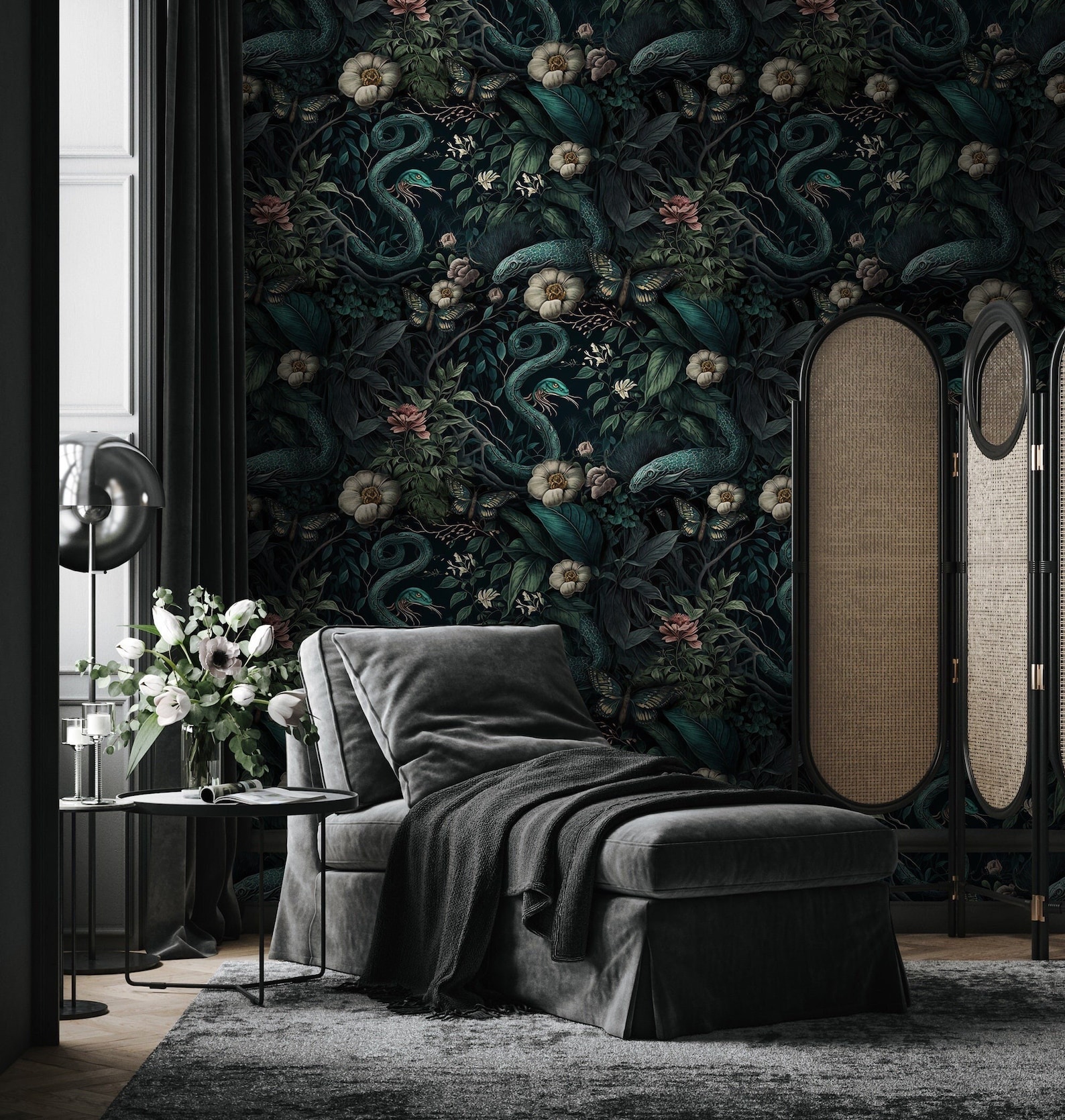 Dark Botanical Wallpaper | Secret Garden With Snakes Wall Mural | Peel