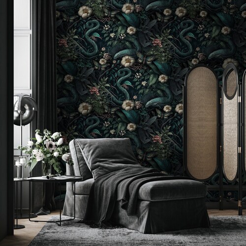 Dark Botanical Wallpaper Flowers and Leaves Peel and Stick - Etsy