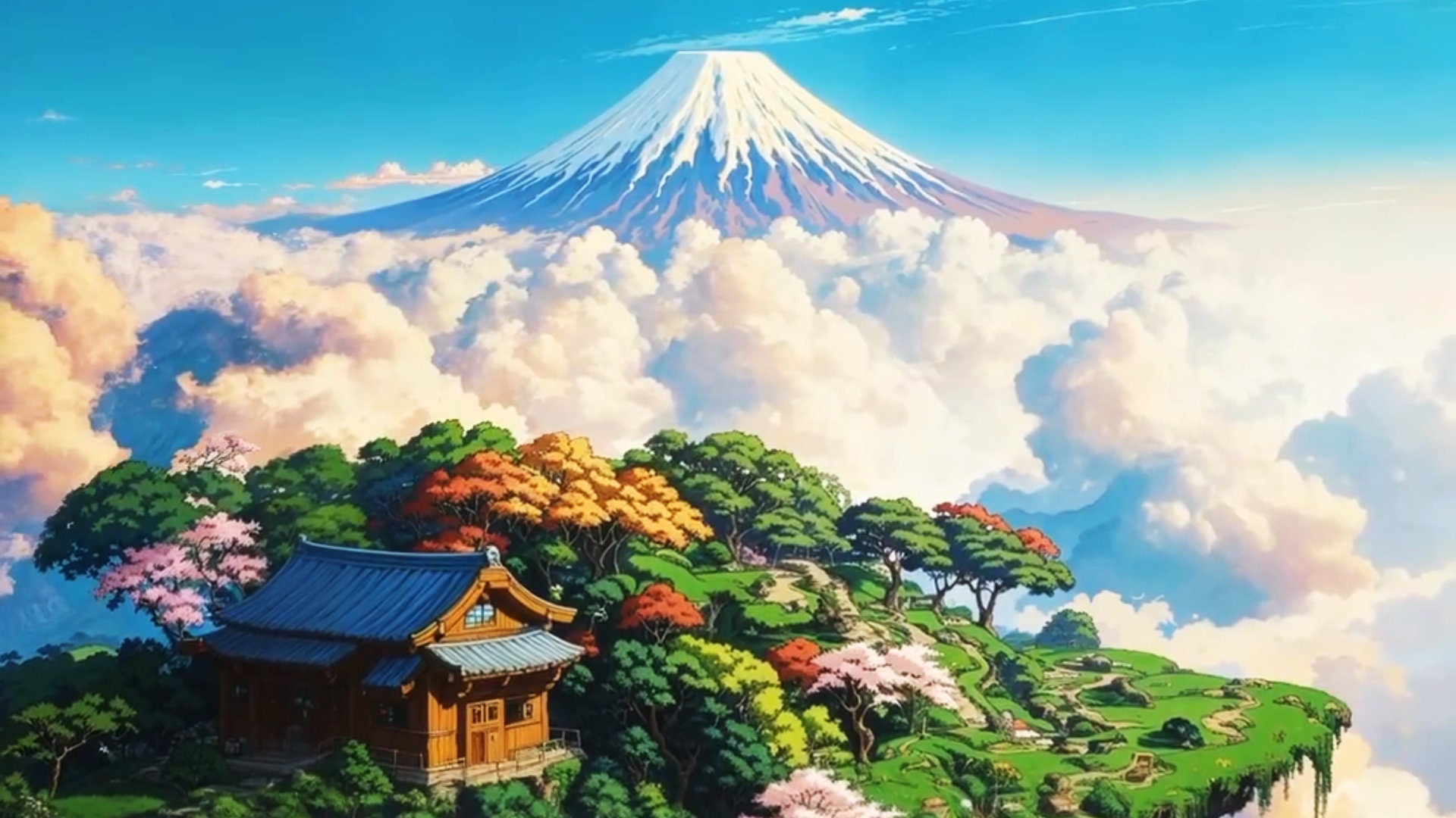 Anime mountain landscape intermission loop screen for OBS (muted)