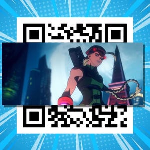 May include: An animated image featuring a character with a futuristic design, holding a chain-like weapon. The character is set against a cityscape backdrop. The image is framed by a blue and white background with QR codes.