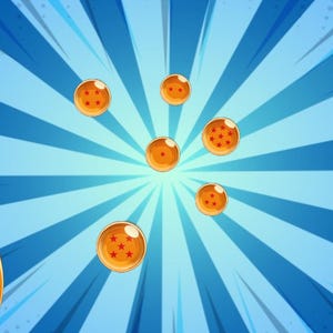 Puede incluir: Siete bolas de dragón naranjas con estrellas rojas sobre un fondo de cómic azul y blanco.