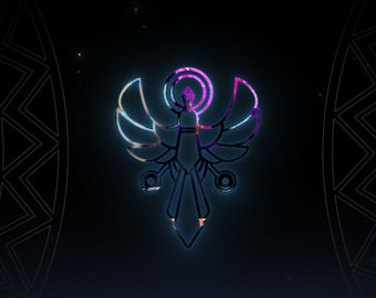 Puede incluir: Una imagen estilizada de una criatura alada con un halo brillante de color morado y azul. La criatura está delineada en negro y tiene un diseño geométrico.