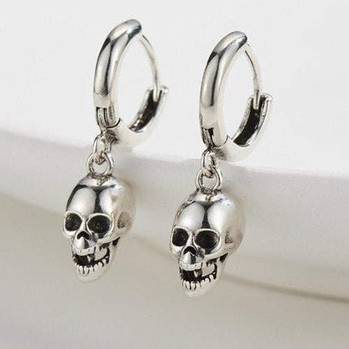 Silver Skull Earrings Skull Huggie Hoop Earrings Goth Etsy