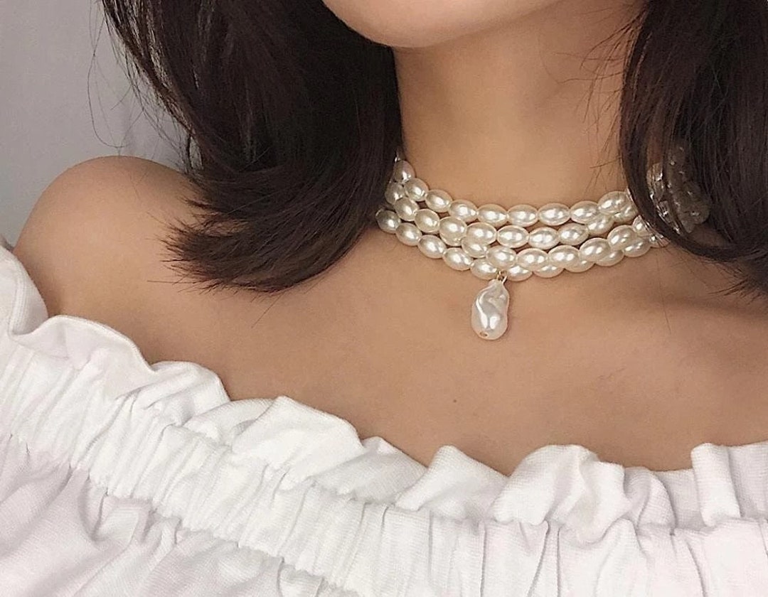 Layered Pearl Choker Multi Strand Pearl Necklace Baroque Etsy