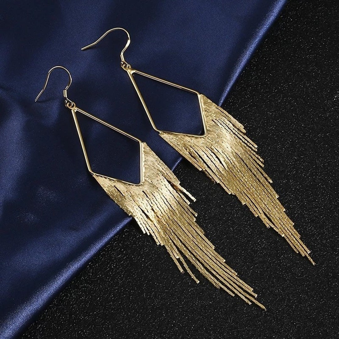 Gold Fringe Tassel Earrings, Statement Earrings for Women, Long Chain