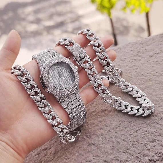 Hip Hop Iced Chain Bracelet Watch Necklace Paved Rhinestones CZ Bling Unisex Set