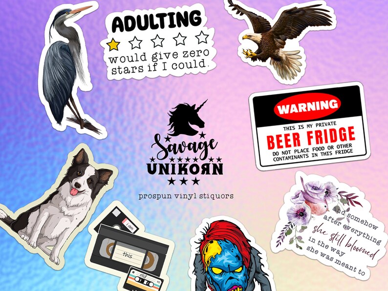May include: A set of 10 vinyl stickers featuring various designs, including a heron, an eagle, a unicorn, a zombie, a floral design, and a VHS tape. The stickers have humorous text, such as "Adulting would give zero stars if I could" and "Warning: This is my private beer fridge".