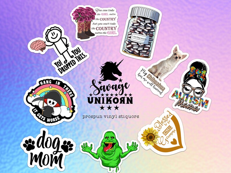 May include: A set of 10 vinyl stickers with various designs, including a unicorn, a skull, a dog, a ghost, a sunflower, a chihuahua, a brain, a girl with glasses, and a jar of pills. The stickers are all on a pink background.