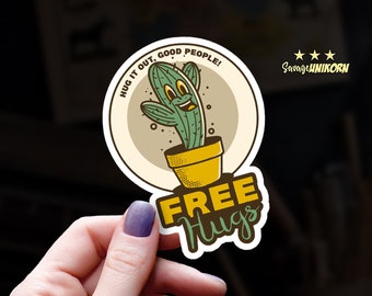 Funny Cartoon Cactus Vinyl Sticker: "Free Hugs" Water Bottle, Laptop Decal -