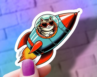 Delightfully Fun Kitty Cat Space Astronaught Sticker | Water Bottle, Laptop Decal | Cat Lover Gift - Dishwasher Safe