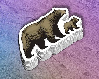 Grizzly Bear Mom and Cub Sticker: Mean Forest of Wildlife Decal - Laptop, Water Bottle Animal Vinyl - Dishwasher Safe