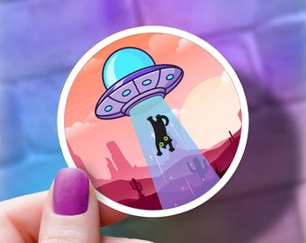 UFO Cat Sticker | Whimsical Alien Abduction Decal (Waterproof Vinyl)