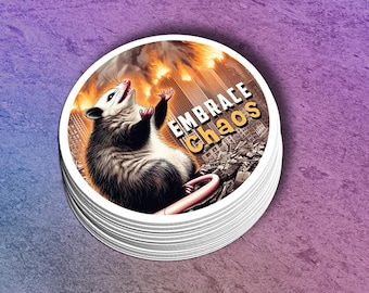 Embrace Chaos Sticker | Funny Apocalypse Possum Vinyl Decal | Feral Animal Humor | Laptop, Water Bottle Decor | Urban Collapse Vibes