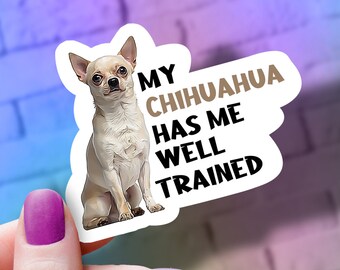 Funny Dog Vinyl Sticker: "My Chihuahua Has Me Well Trained" - Laptop Decal, Dishwasher Safe Water Bottle Decor