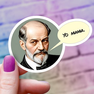 May include: A sticker featuring a portrait of a man with a beard and mustache, with a speech bubble that says "Yo Mama."