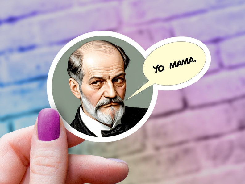 May include: A sticker featuring a portrait of a man with a beard and mustache, with a speech bubble that says "Yo Mama."