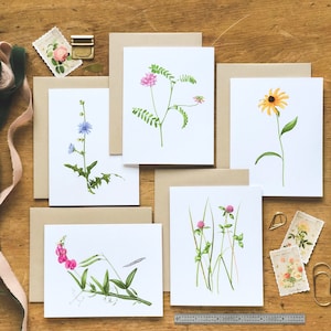 Cartes de vœux de fleurs sauvages | Cartes de notes botaniques | Fête des Mères | Ensemble de papeterie botanique | Pack De 5 Cartes Avec Enveloppes