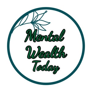 Könnte beinhalten: Ein grüner und weißer Kreis mit einem Blattdesign und dem Text "Mental Wealth Today" in grüner Kursivschrift.