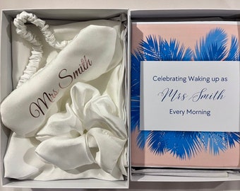 Bride/ Wife Boxed Gift, Luxury Pillowcase, Scrunchie and Personalised Sleep Mask. Box With Message Celebrating Waking Up as Mrs.White Satin