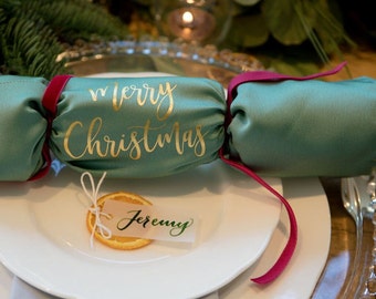 Green Fabric Crackers Christmas Xmas Personalised Table Crackers Napkin Reusable Sustainable Crackers