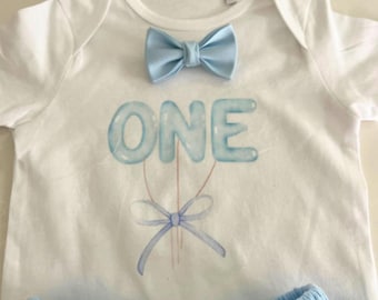 Baby Boy First Birthday Outfit: Blue Childs Bow Tie Vest and Shorts