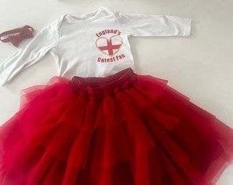 England Tutu Girl Outfit World Cup Skirt and Top Baby Toddler Girls Teenager Cutest Fan Logo, Personalised Name and Age on Back Football Fan