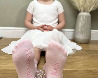Personalised Flower Girl Socks, Name on Ankle Socks, White, Pink or Blue, Child's Custom Made Gift Wedding Socks with Lace Trim