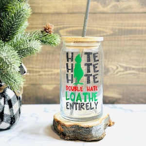 Christmas Glass Cup, Libbey Christmas Glass, Grinch Glass, Christmas Gift, Glass Can Cup, Hate Loathe Entirely Glass, Coffee Glass Cup
