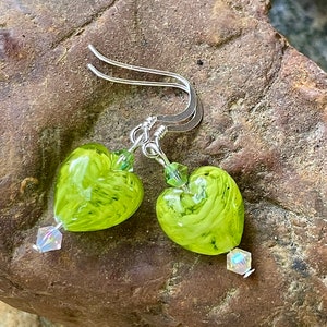 Green Murano Glass Heart Earrings, Sterling Silver Murano Glass Dangle Earrings